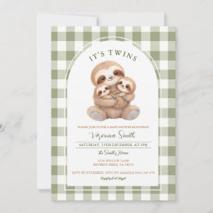 Green Gingham Twin Sloth Baby Shower Invitation