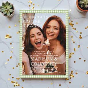 Green Gingham Two Grads Joint Graduation Photo Acrylic Invitations