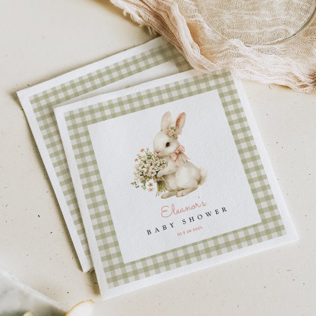 Green Gingham Vintage Bunny Baby Shower  Napkin (Creator Uploaded)