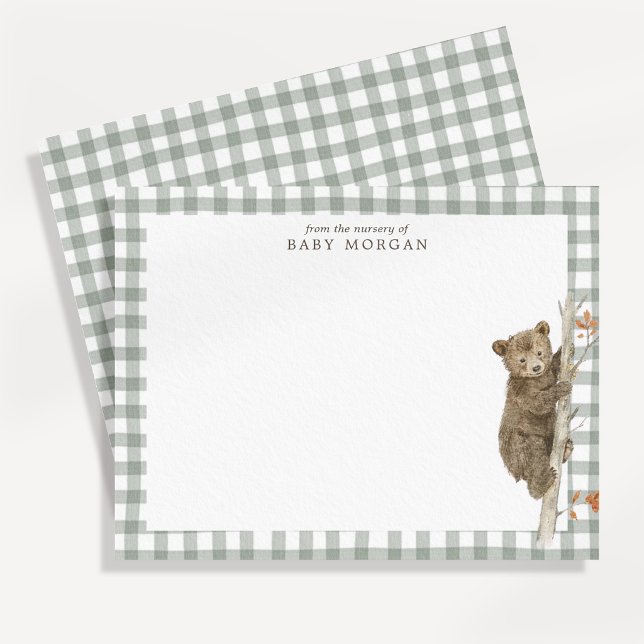 Green Gingham Woodland Bear Nursery Note Card (Creator Uploaded)