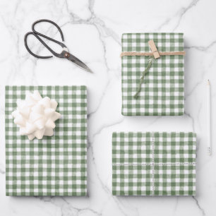 Green Gingham Wrapping Paper Flat Sheet Set of 3