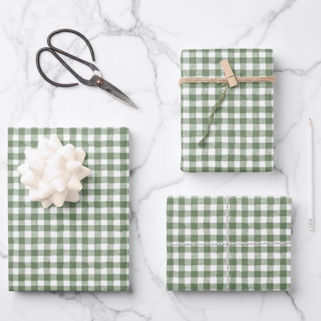 Green Gingham Wrapping Paper Flat Sheet Set of 3 (Front)