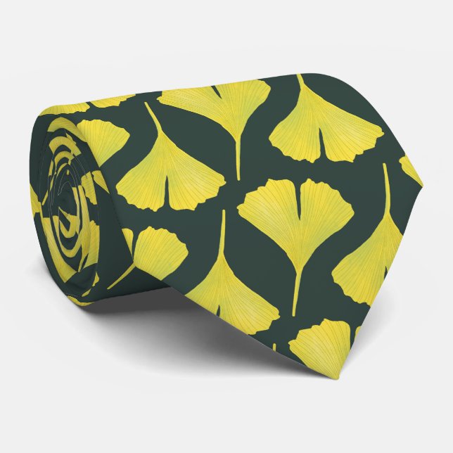 Green Gingko Leaf Nature Lover Botanical Pattern Tie (Rolled)