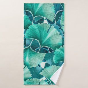 Green ginkgo biloba illustration pattern bath towel