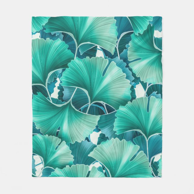 Green ginkgo biloba illustration pattern fleece blanket (Front)