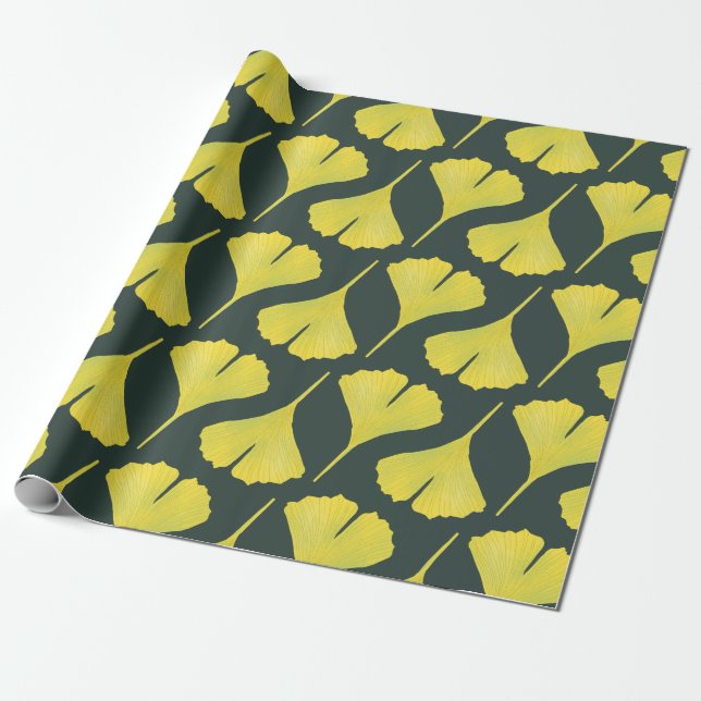 Green Ginkgo Leaf Pattern – Spring Botanical Wrapping Paper (Unrolled)