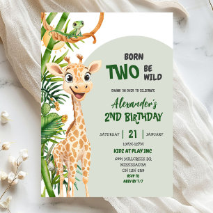 Green Giraffe Born Two Wild Safari Second Birthday Invitation