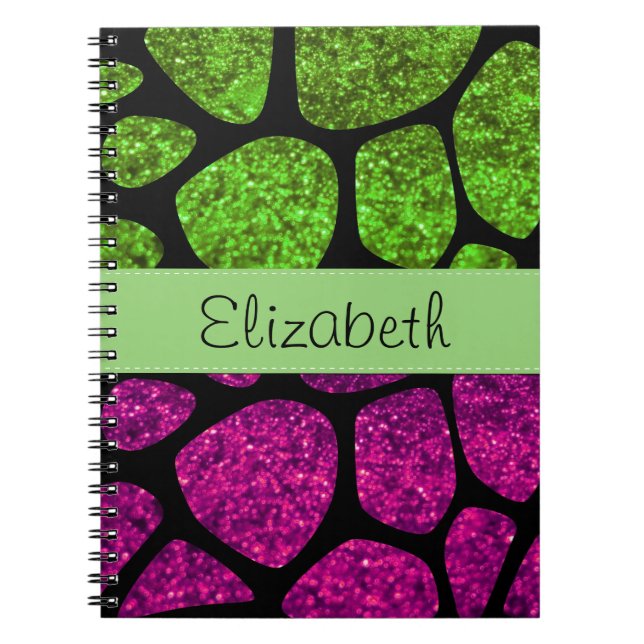 Green Giraffe, Pink Giraffe, Glitter, Your Name Notebook (Front)