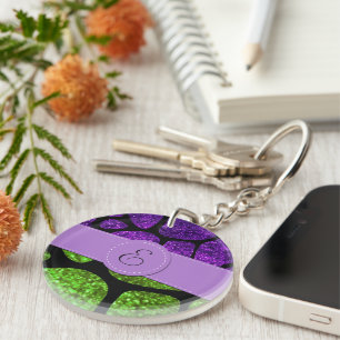 Green Giraffe, Purple Giraffe, Glitter, Monogram Key Ring