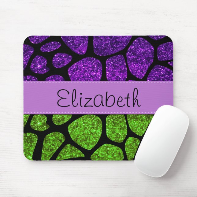 Green Giraffe, Purple Giraffe, Glitter, Your Name Mouse Mat (With Mouse)