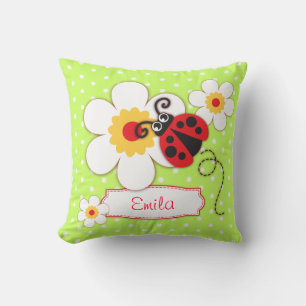 Green girls ladybug name flower polka dot pillow