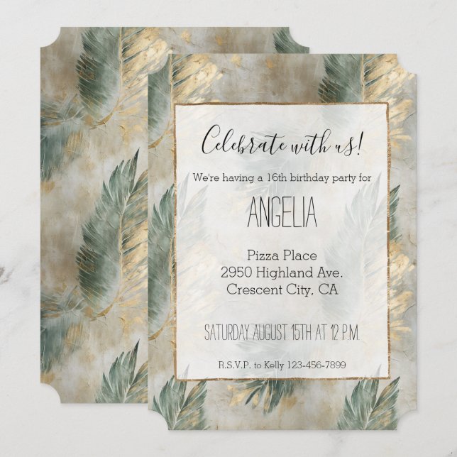 Green Glam Chic Gold Tropical Leaves Invitation (Front/Back)