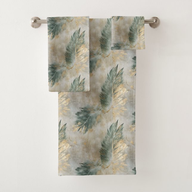 Green Glam Chic Gold White Tropical Leaves Bath Towel Set (Insitu)