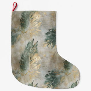 Green Glam Chic Gold White Tropical Leaves Large Christmas Stocking