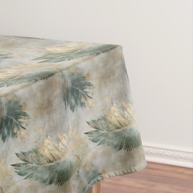 Green Glam Chic Gold White Tropical Leaves Tablecloth (In Situ)