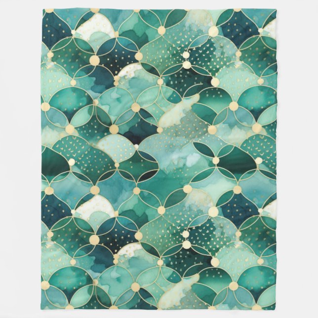 Green Glam Gold Circle Abstract Fleece Blanket (Front)