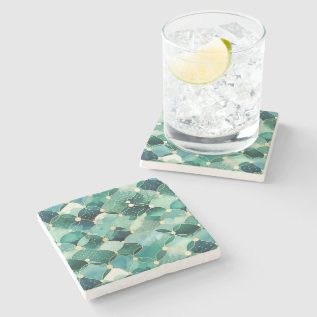Green Glam Gold Circle Abstract Stone Coaster (Side)