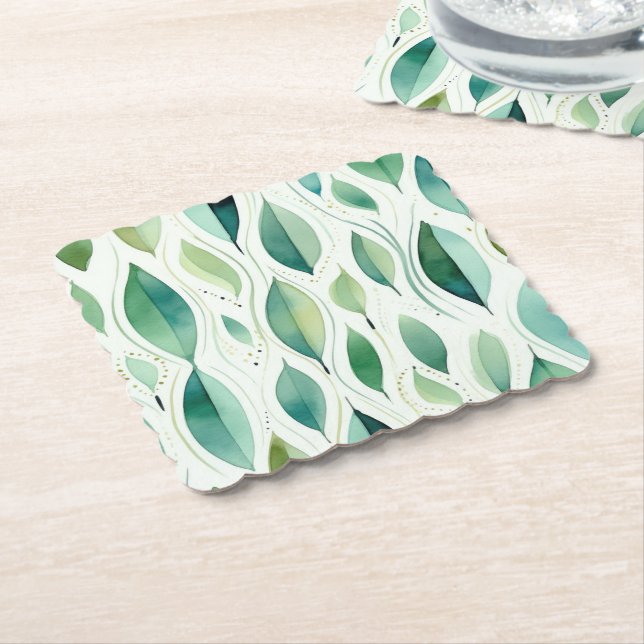 Green Glam Gold Leaves Abstract Paper Coaster (Angled)