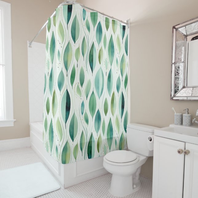 Green Glam Gold Leaves Abstract Shower Curtain (In Situ)