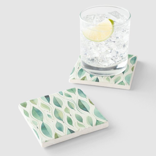 Green Glam Gold Leaves Abstract Stone Coaster (Side)