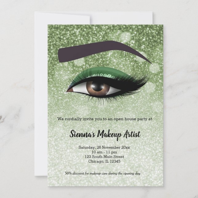 Green  glam lashes eyes | makeup artist invitation (Front)
