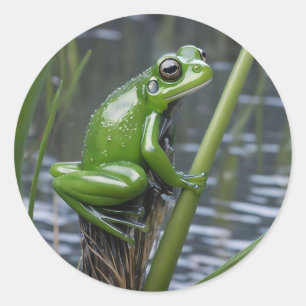 Green Glass Frog On Reeds At The River, Classic Round Sticker