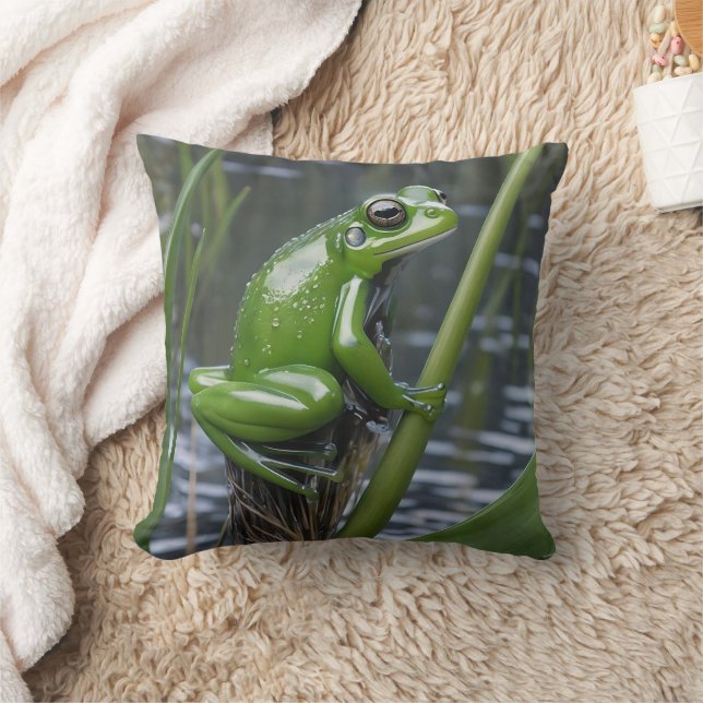 Green Glass Frog On Reeds At The River, Cushion (Blanket)
