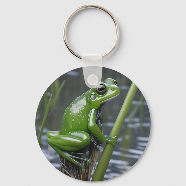 Green Glass Frog On Reeds At The River, Key Ring (Front)