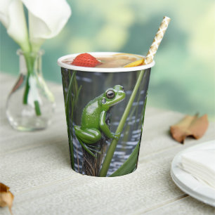 Green Glass Frog On Reeds At The River, Paper Cups