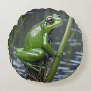 Green Glass Frog On Reeds At The River, Round Cushion