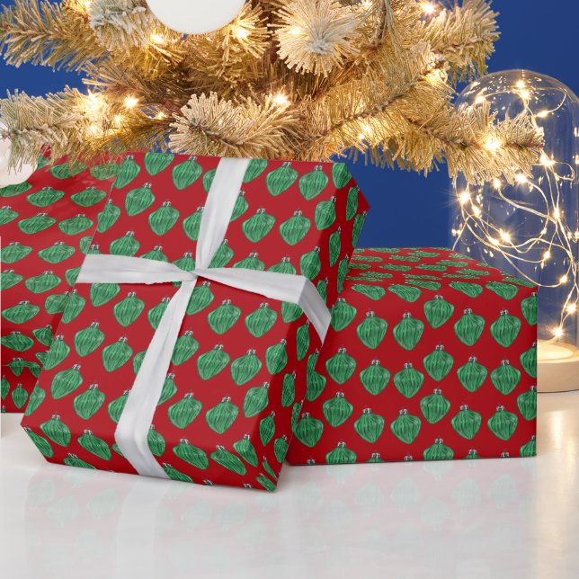 Green Glass Ornaments - Red Wrapping Paper (Holidays)