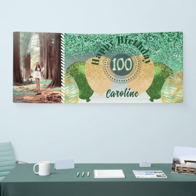 Green Glitter 100th Birthday & Balloons  Banner (Tradeshow)