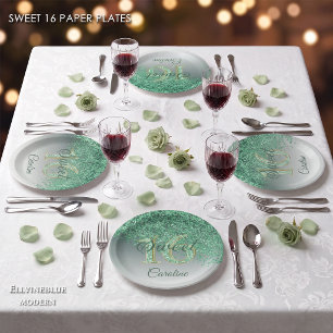 Green Glitter, 16 Glitter, Sweet 16 Birthday Paper Plate