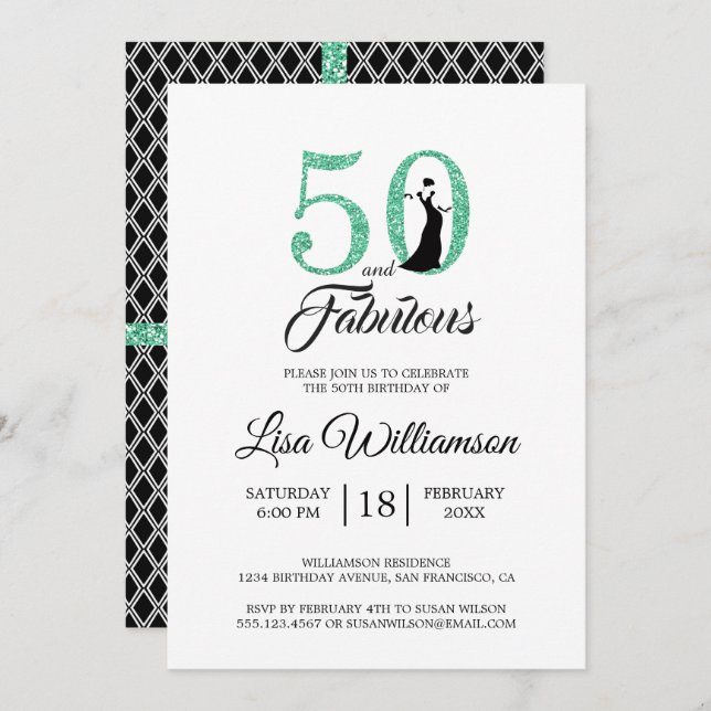 Green Glitter 50 Fabulous | 50th Birthday Party Invitation (Front/Back)