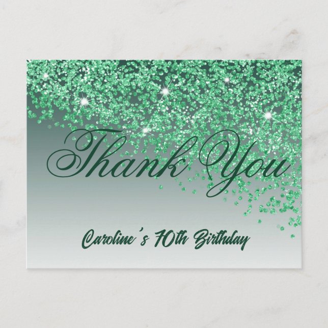 Green Glitter, 70th Birthday Thank You Postcard (Front)