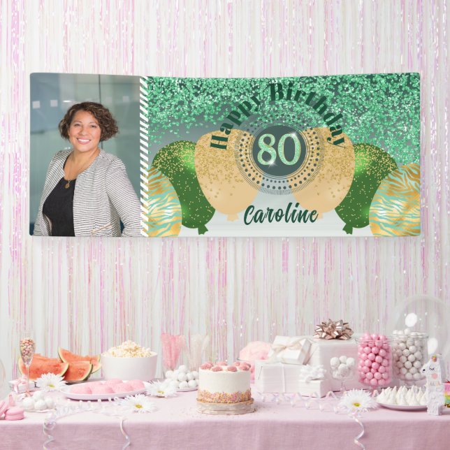 Green Glitter 80th Birthday & Balloons  Banner (Party)