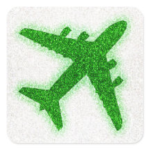 Green glitter aeroplane round sticker labels
