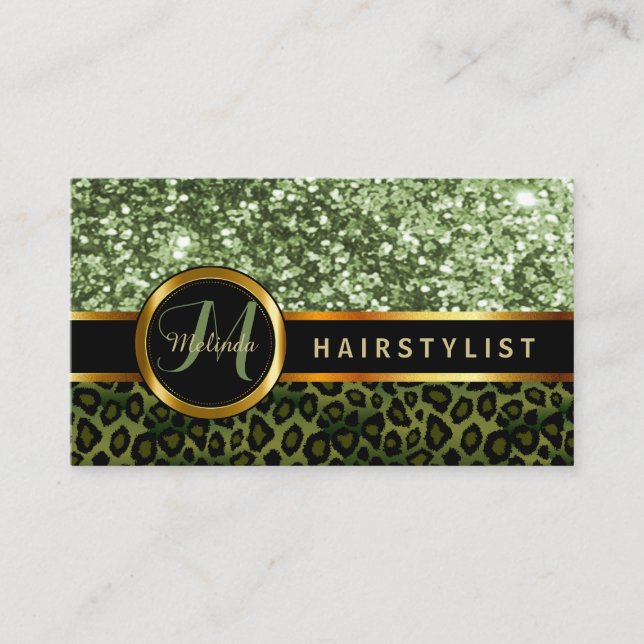 Green Glitter and Leopard Skin - Hairstylist Business Card (Front)