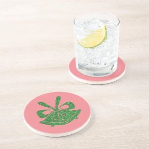 Green Glitter Bells on Pink Holiday Coaster