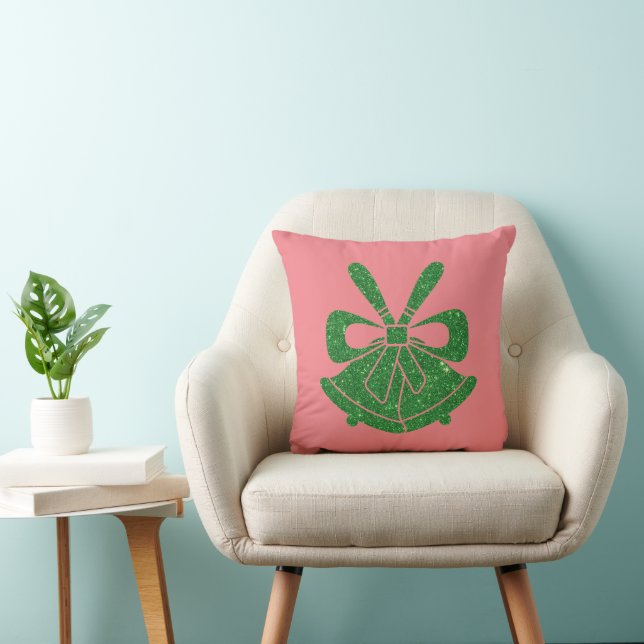 Green Glitter Bells on Pink Holiday  Cushion (Chair)