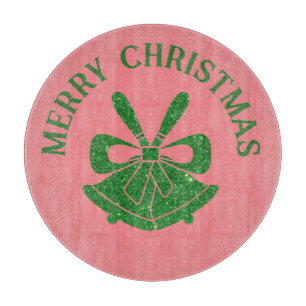 Green Glitter Bells on Pink Holiday Custom Cutting Board