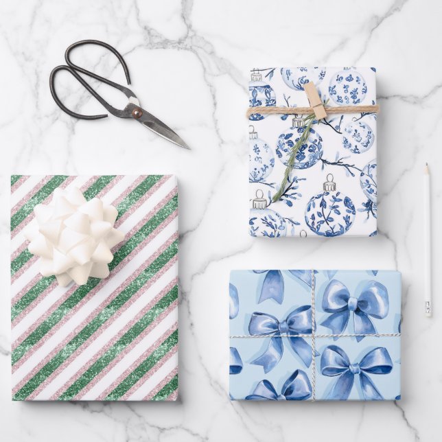 Green Glitter Blue Ornaments Bows Christmas Wrapping Paper Sheet (Front)