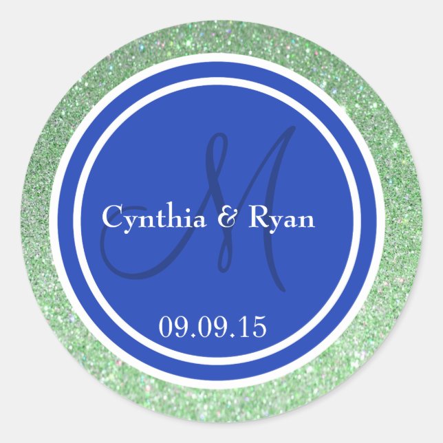 Green Glitter & Blue Wedding Monogram Classic Round Sticker (Front)