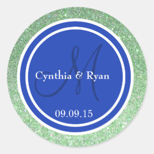Green Glitter & Blue Wedding Monogram Classic Round Sticker