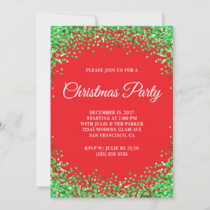 Green Glitter Border Red Christmas Party Invitation