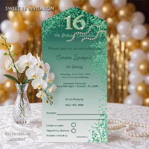 Green Glitter Calligraphy Number Sweet 16 All In One Invitation