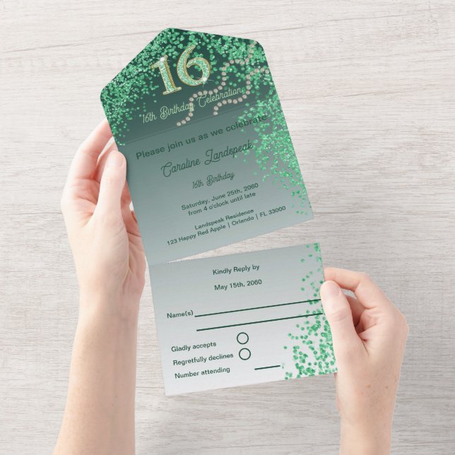 Green Glitter Calligraphy Number Sweet 16 All In One Invitation (Tearaway)
