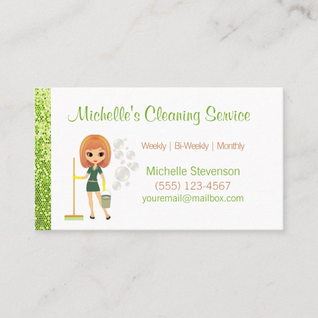 Green Glitter Cartoon Maid House Cleaning Service Business Card (Front)