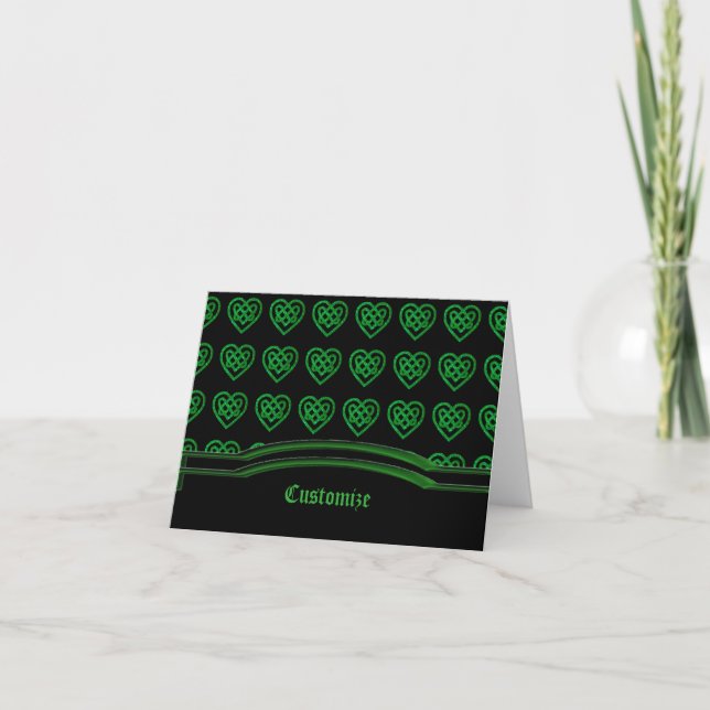 Green Glitter Celtic Heart Knot Pattern Note Card (Front)