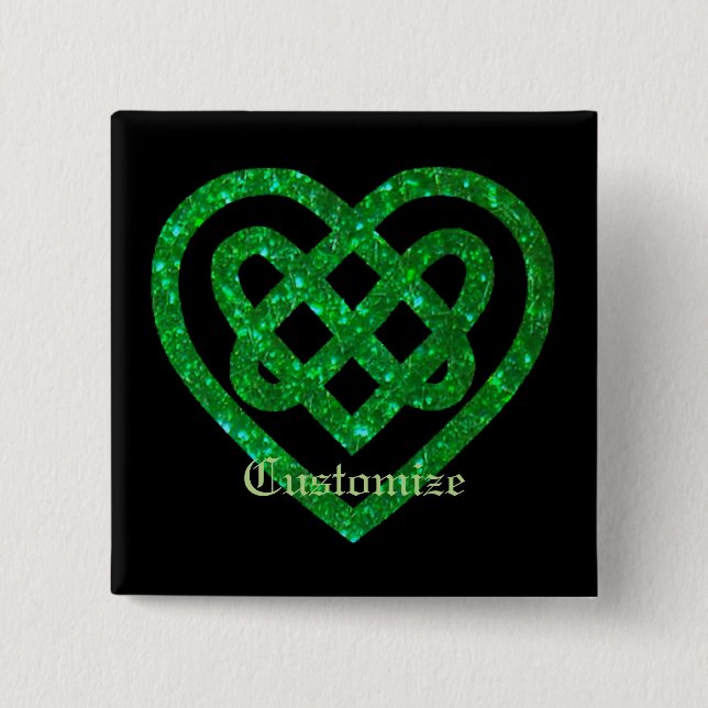Green Glitter Celtic Heart Knot Square Button (Front)